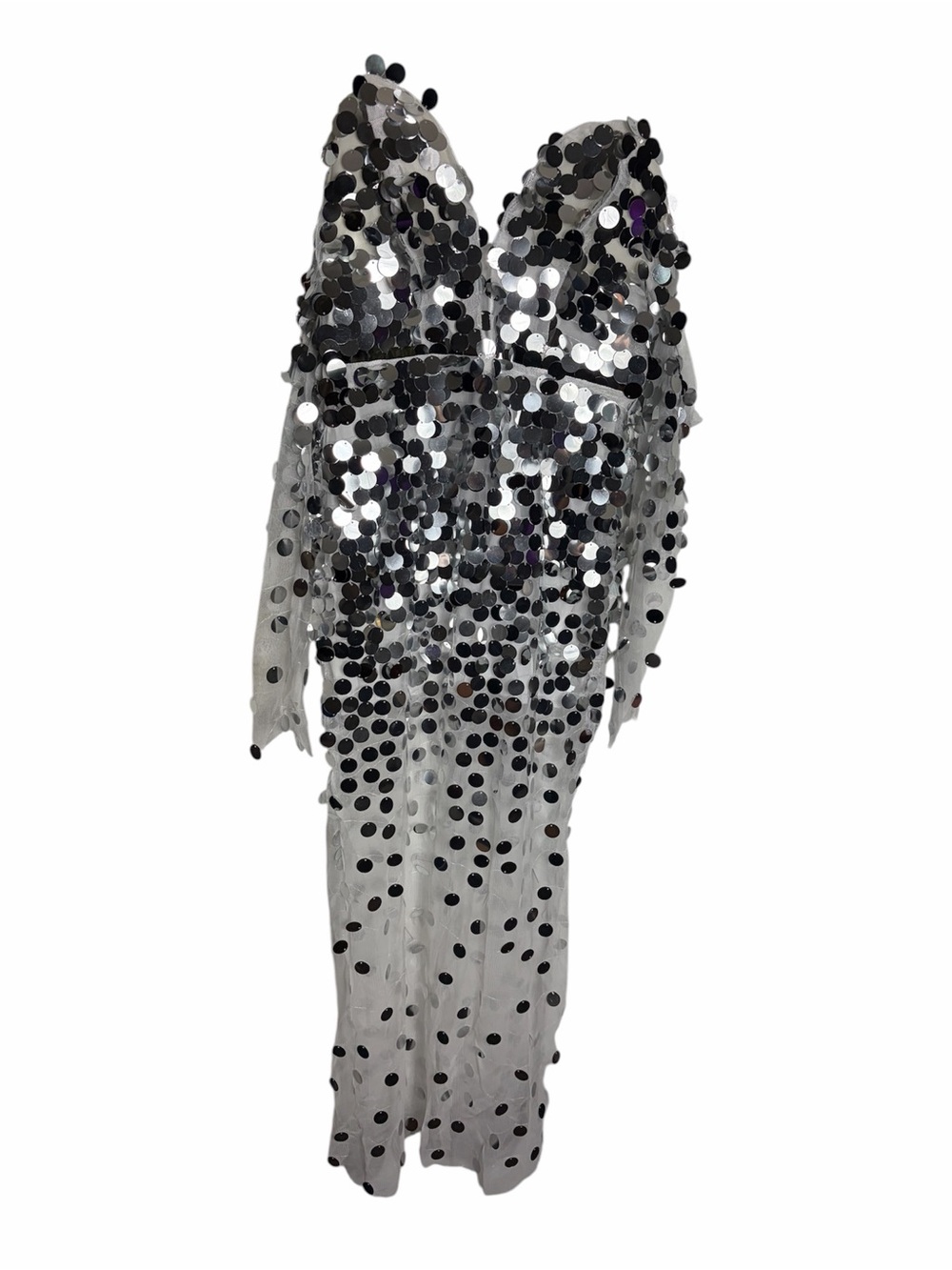 White mesh sheer midi dress with large metallic silver sequins embellished dress